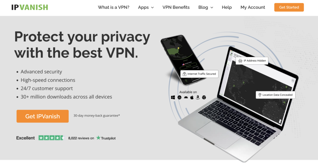 IPVanish VPN logo - Flexibility and power in the best VPN services.
