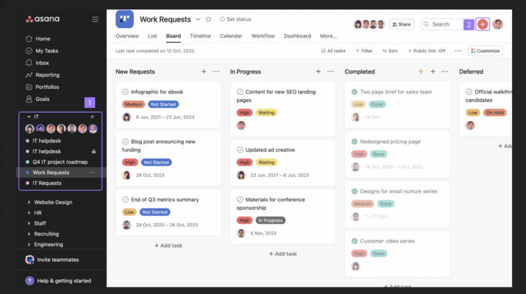 Asana's task management interface with multiple project views